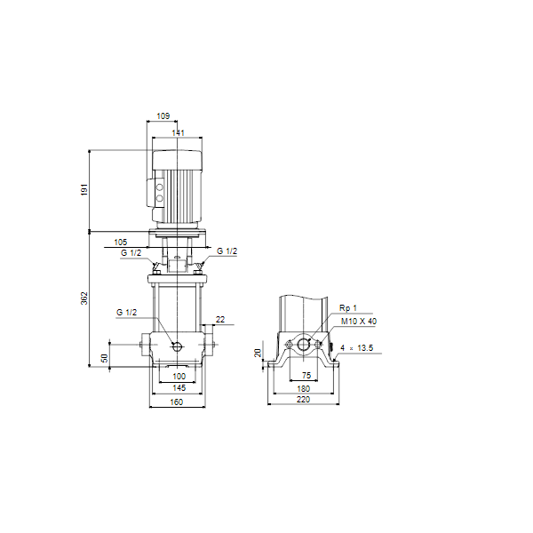Вертикальный многоступенчатый центробежный насос Grundfos CR 1-9 A-A-A-E-HQQE артикул 96516178 – габаритный чертеж