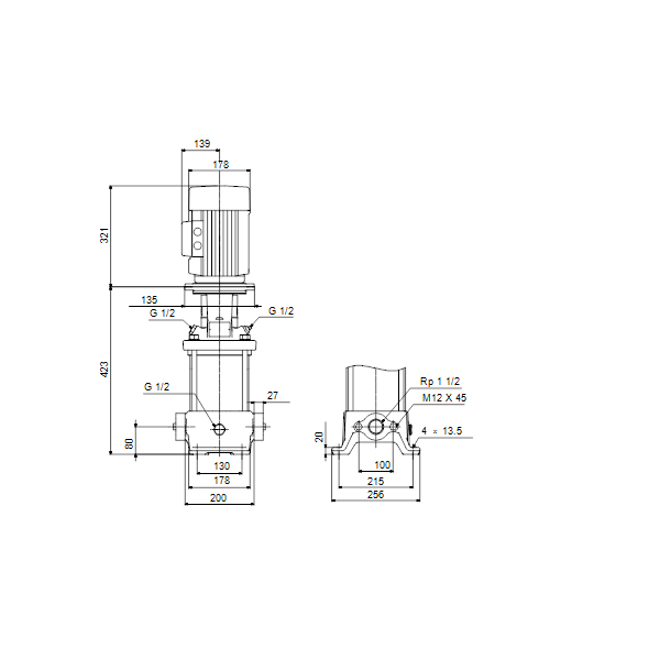 Вертикальный многоступенчатый центробежный насос Grundfos CR 10-4 A-A-A-V-HQQV артикул 96500924 – габаритный чертеж