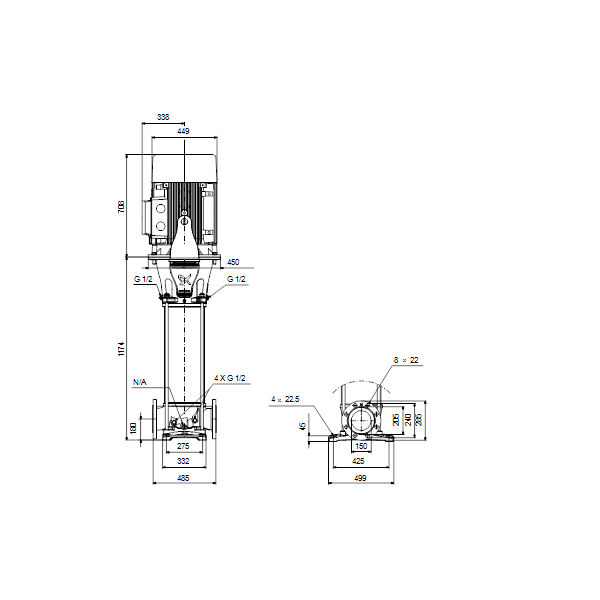 Вертикальный многоступенчатый центробежный насос Grundfos CR 125-4 A-F-A-V-HQQV артикул 99142639 – габаритный чертеж