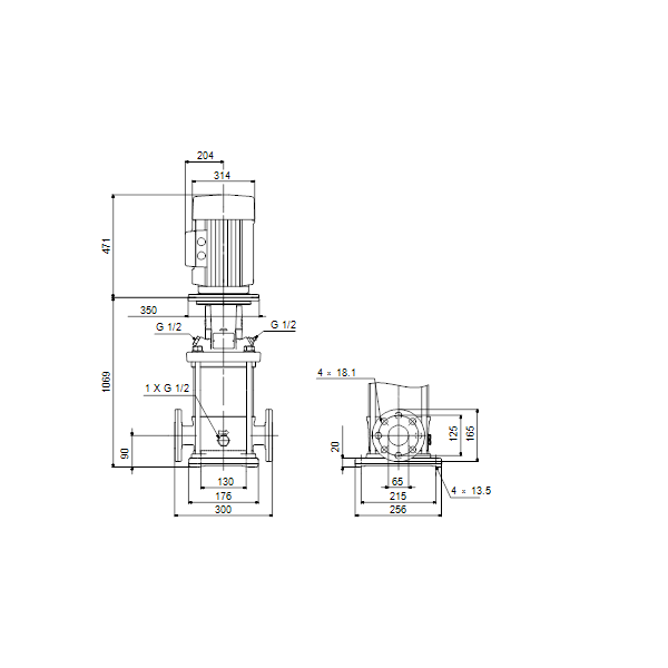 Вертикальный многоступенчатый центробежный насос Grundfos CR 15-14 A-F-A-V-HQQV артикул 96501993 – габаритный чертеж
