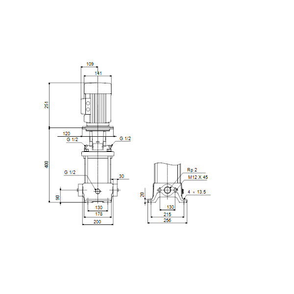 Вертикальный многоступенчатый центробежный насос Grundfos CR 15-1 A-A-A-V-HQQV артикул 96501808 – габаритный чертеж