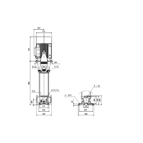 Вертикальный многоступенчатый центробежный насос Grundfos CR 155-2-2 A-F-A-E-HQQE артикул 99143257 – габаритный чертеж