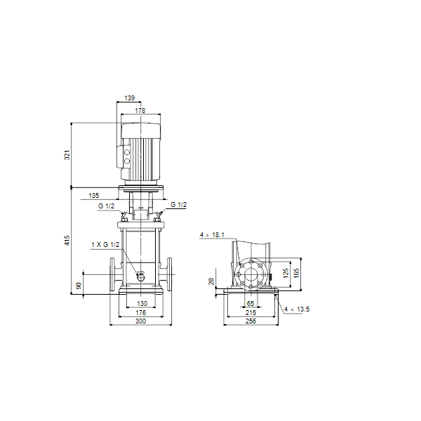 Вертикальный многоступенчатый центробежный насос Grundfos CR 20-2 A-F-A-V-HQQV артикул 96500311 – габаритный чертеж
