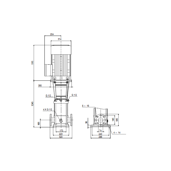 Вертикальный многоступенчатый центробежный насос Grundfos CR 32-10-2 A-F-A-E-HQQE артикул 96122024 – габаритный чертеж
