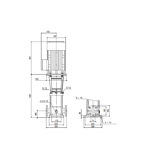 Вертикальный многоступенчатый центробежный насос Grundfos CR 32-3 A-F-A-V-HQQV артикул 96122039 – габаритный чертеж