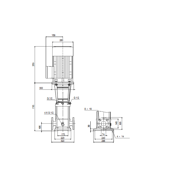 Вертикальный многоступенчатый центробежный насос Grundfos CR 32-4-2 A-F-A-V-HQQV артикул 96122040 – габаритный чертеж
