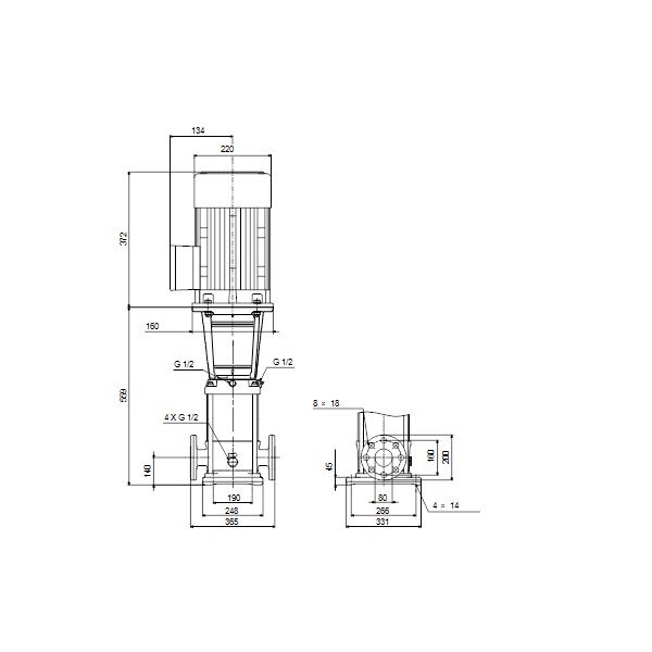 Вертикальный многоступенчатый центробежный насос Grundfos CR 45-1 A-F-A-V-HQQV артикул 96122822 – габаритный чертеж