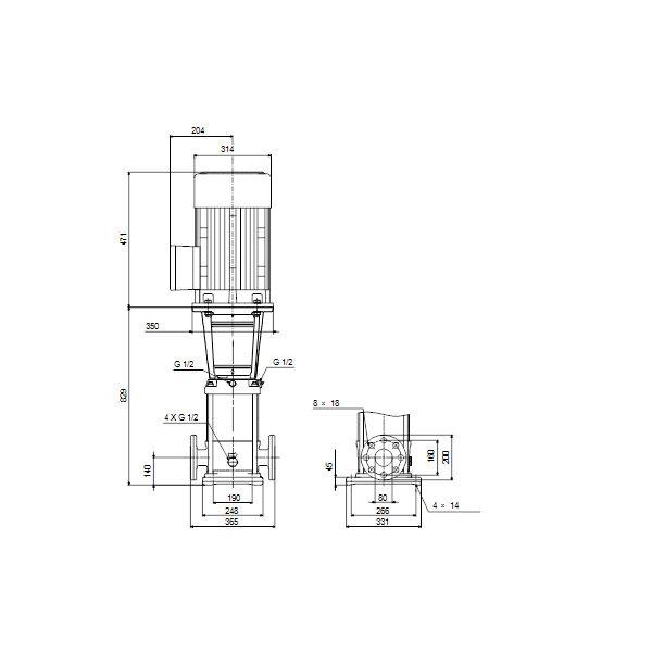 Вертикальный многоступенчатый центробежный насос Grundfos CR 45-3 A-F-A-V-HQQV артикул 96122826 – габаритный чертеж