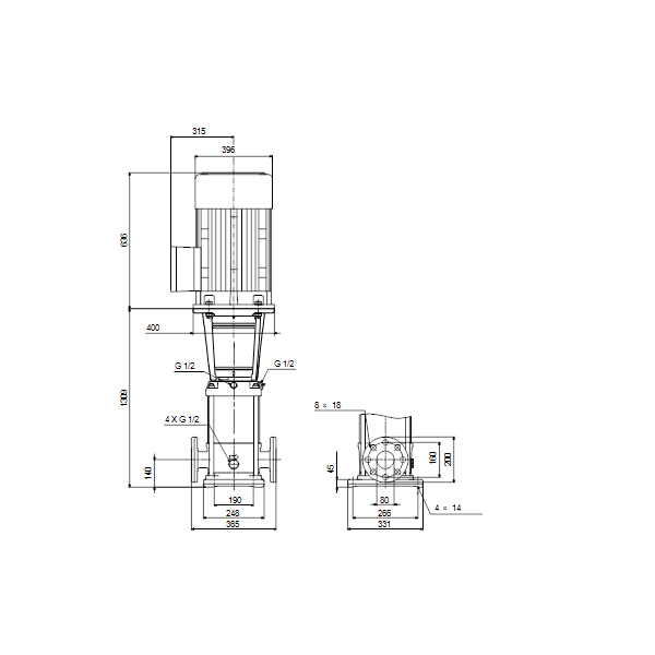 Вертикальный многоступенчатый центробежный насос Grundfos CR 45-9 A-F-A-V-HQQV артикул 96122838 – габаритный чертеж