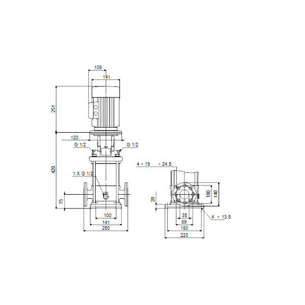 Вертикальный многоступенчатый центробежный насос Grundfos CR 5-7 A-FGJ-A-V-HQQV артикул 96517064 – габаритный чертеж