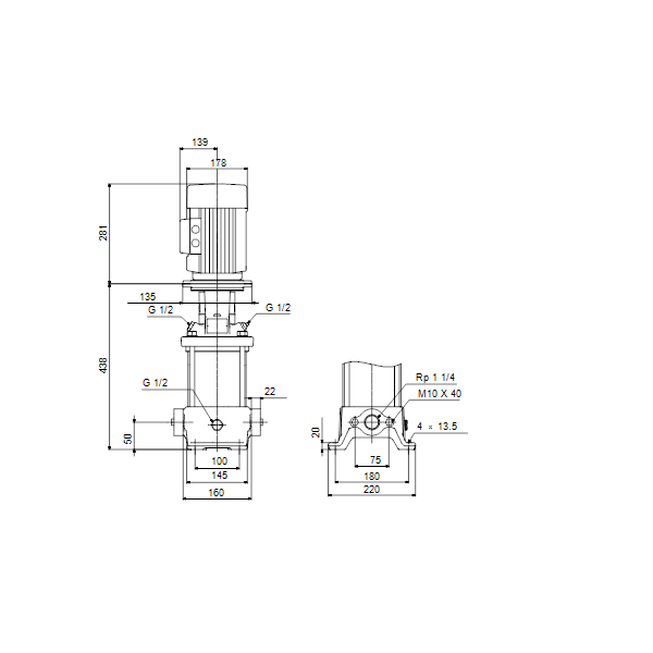 Вертикальный многоступенчатый центробежный насос Grundfos CR 5-8 A-A-A-E-HQQE артикул 96529457 – габаритный чертеж