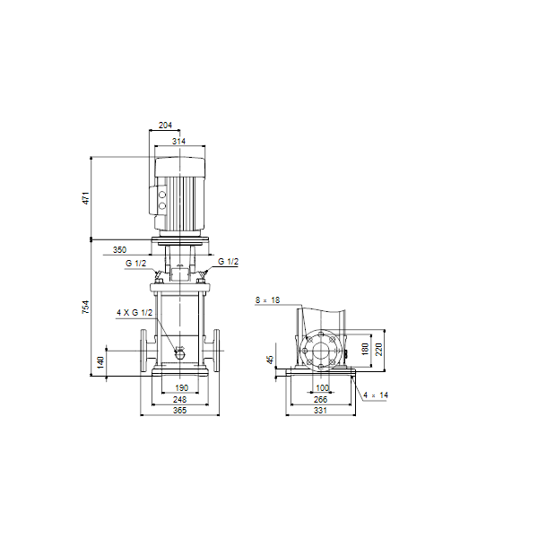 Вертикальный многоступенчатый центробежный насос Grundfos CR 64-2-1 A-F-A-E-HQQE артикул 96123529 – габаритный чертеж