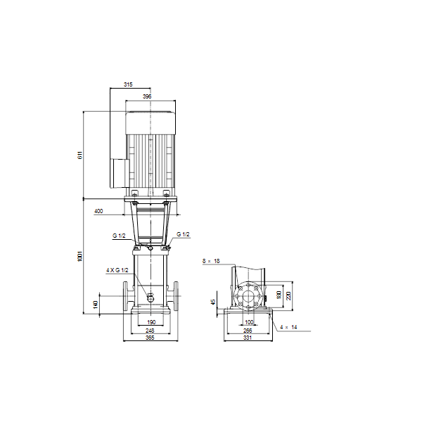 Вертикальный многоступенчатый центробежный насос Grundfos CR 64-5-2 A-F-A-E-HQQE артикул 96123537 – габаритный чертеж