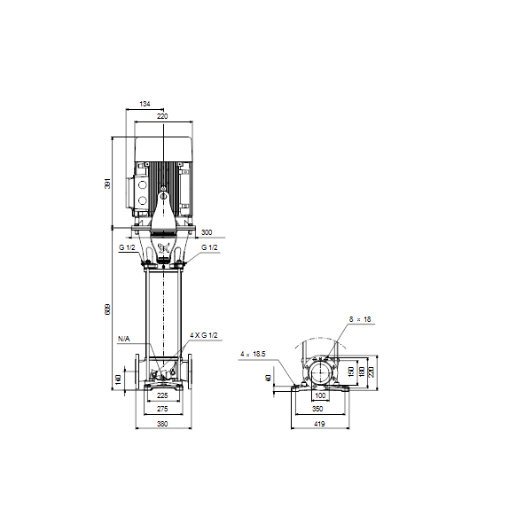 Вертикальный многоступенчатый центробежный насос Grundfos CR 95-1-1 A-F-A-E-HQQE артикул 99141735 – габаритный чертеж