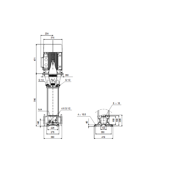 Вертикальный многоступенчатый центробежный насос Grundfos CR 95-2 A-F-A-V-HQQV артикул 99141749 – габаритный чертеж