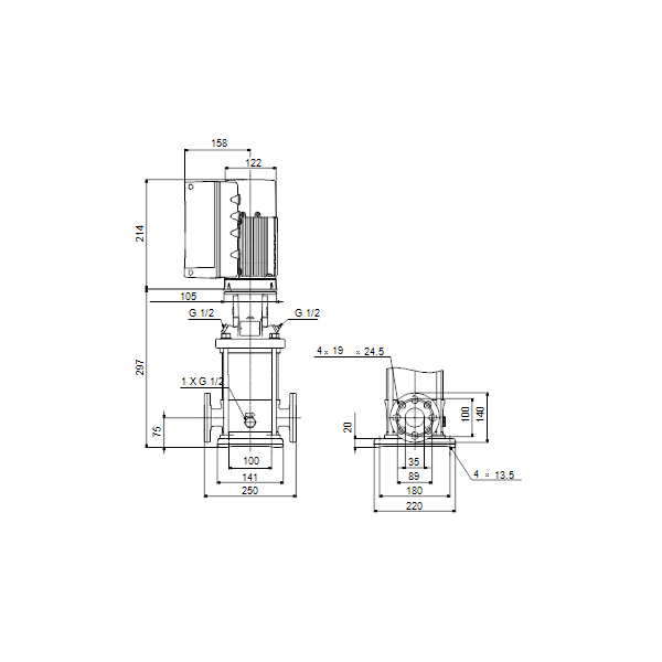Вертикальный многоступенчатый центробежный насос Grundfos CRE 1-4 N-FGJ-A-E-HQQE артикул 98389315 – габаритный чертеж