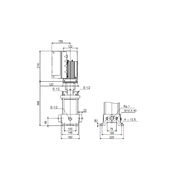 Вертикальный многоступенчатый центробежный насос Grundfos CRE 1-9 N-A-A-E-HQQE артикул 98389312 – габаритный чертеж