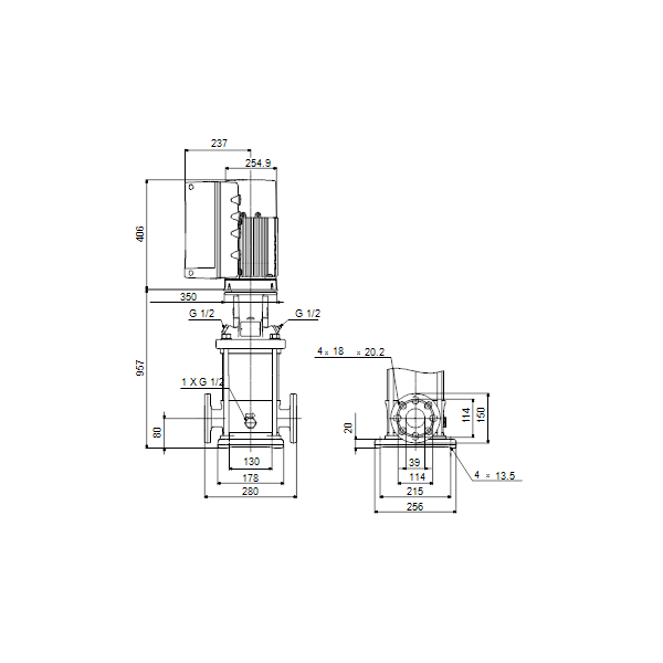 Вертикальный многоступенчатый центробежный насос Grundfos CRE 10-17 A-FJ-A-E-HQQE артикул 99071786 – габаритный чертеж