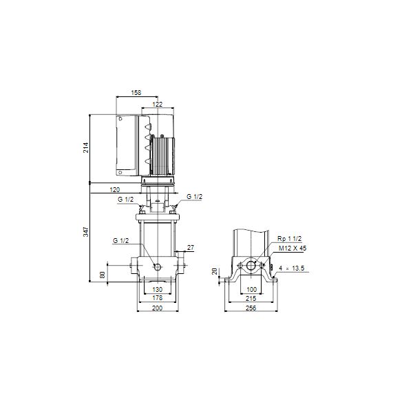Вертикальный многоступенчатый центробежный насос Grundfos CRE 10-1 N-A-A-E-HQQE артикул 98390268 – габаритный чертеж