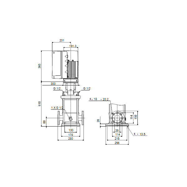 Вертикальный многоступенчатый центробежный насос Grundfos CRE 10-9 N-FJ-A-E-HQQE артикул 99071789 – габаритный чертеж