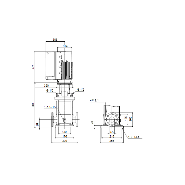 Вертикальный многоступенчатый центробежный насос Grundfos CRE 15-10 A-F-A-E-HQQE артикул 96514506 – габаритный чертеж