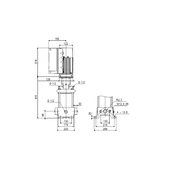 Вертикальный многоступенчатый центробежный насос Grundfos CRE 20-1 A-A-A-E-HQQE артикул 98390765 – габаритный чертеж