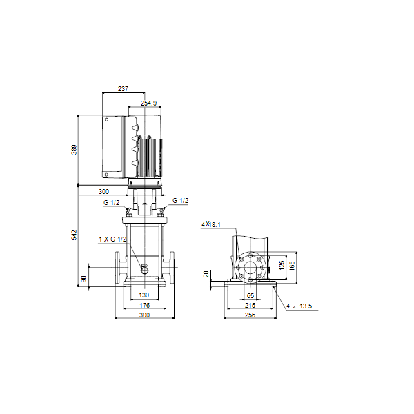 Вертикальный многоступенчатый центробежный насос Grundfos CRE 20-4 A-F-A-E-HQQE артикул 99071658 – габаритный чертеж