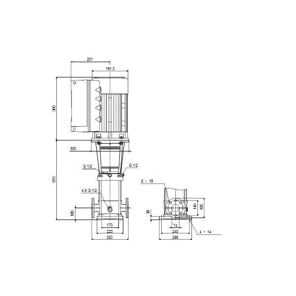 Вертикальный многоступенчатый центробежный насос Grundfos CRE 32-2-1 N-F-A-E-HQQE артикул 99071958 – габаритный чертеж