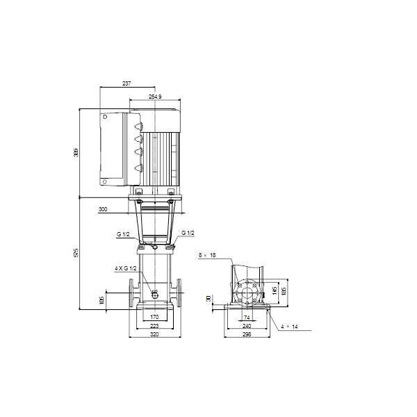 Вертикальный многоступенчатый центробежный насос Grundfos CRE 32-2 A-F-A-E-HQQE артикул 99071953 – габаритный чертеж