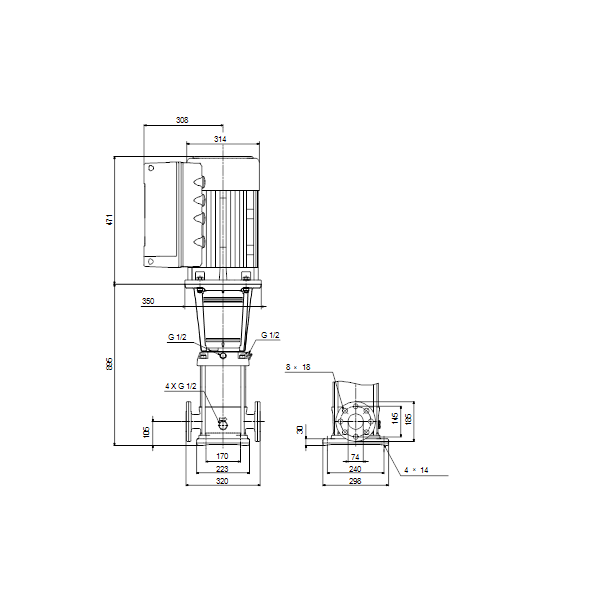 Вертикальный многоступенчатый центробежный насос Grundfos CRE 32-5-2 A-F-A-E-HQQE артикул 96122663 – габаритный чертеж