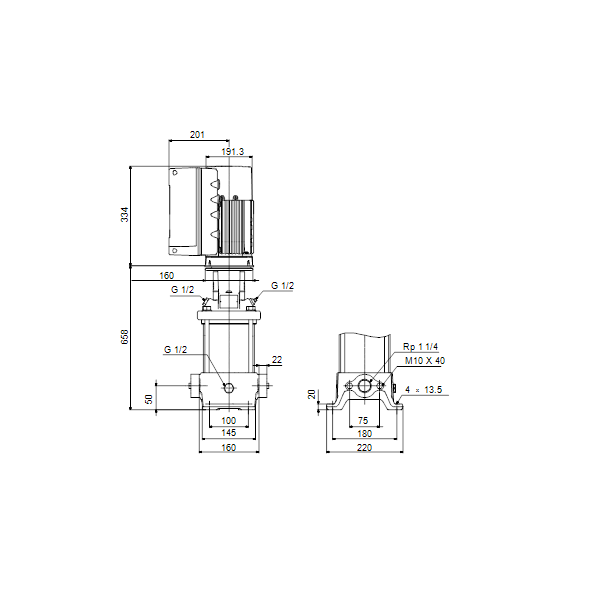 Вертикальный многоступенчатый центробежный насос Grundfos CRE 5-16 A-A-A-E-HQQE артикул 99072191 – габаритный чертеж