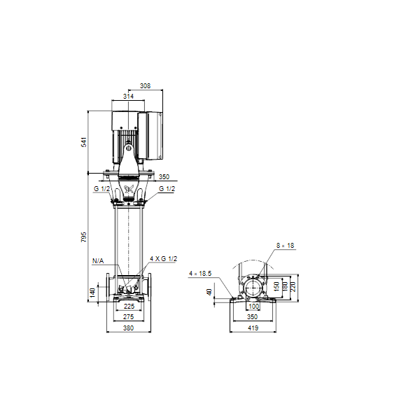 Вертикальный многоступенчатый центробежный насос Grundfos CRE 95-2-1 A-F-A-E-HQQE артикул 99264360 – габаритный чертеж
