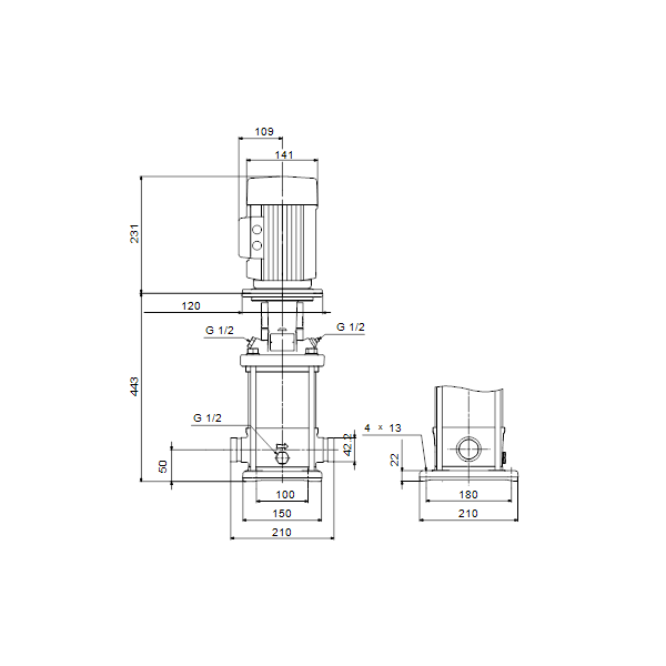 Вертикальный многоступенчатый центробежный насос Grundfos CRN 1-13 A-P-A-V-HQQV артикул 96516519 – габаритный чертеж