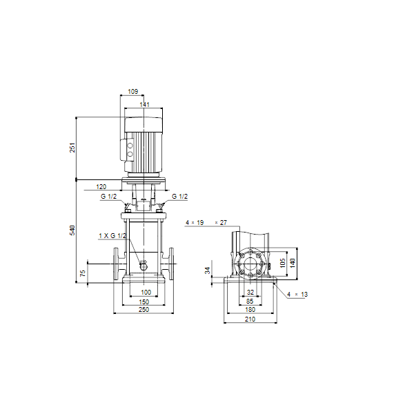Вертикальный многоступенчатый центробежный насос Grundfos CRN 1-17 A-FGJ-A-E-HQQE артикул 96516411 – габаритный чертеж