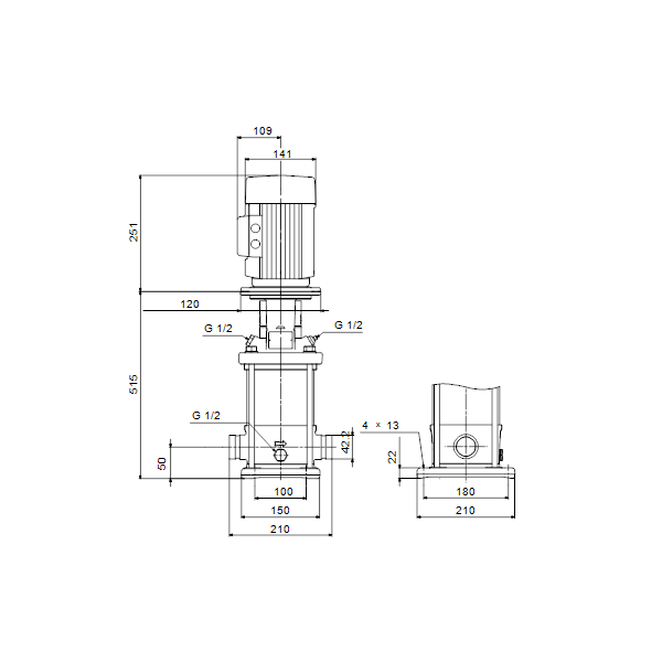 Вертикальный многоступенчатый центробежный насос Grundfos CRN 1-17 A-P-A-V-HQQV артикул 96516521 – габаритный чертеж