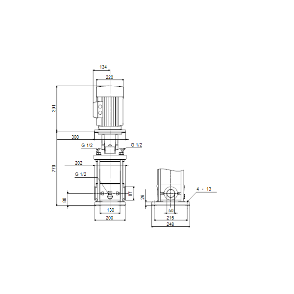 Вертикальный многоступенчатый центробежный насос Grundfos CRN 10-14 A-CA-A-E-HQQE артикул 96501309 – габаритный чертеж
