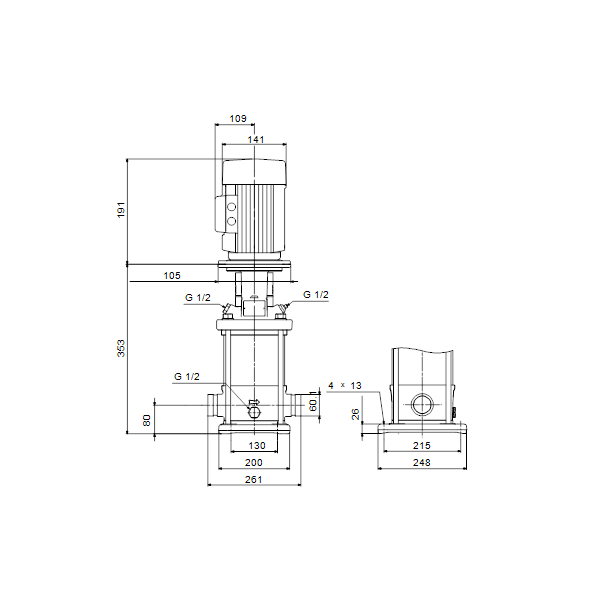 Вертикальный многоступенчатый центробежный насос Grundfos CRN 10-1 A-P-A-V-HQQV артикул 96501165 – габаритный чертеж