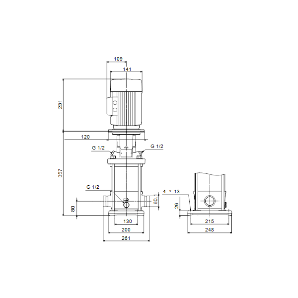 Вертикальный многоступенчатый центробежный насос Grundfos CRN 10-2 A-P-A-V-HQQV артикул 96501166 – габаритный чертеж