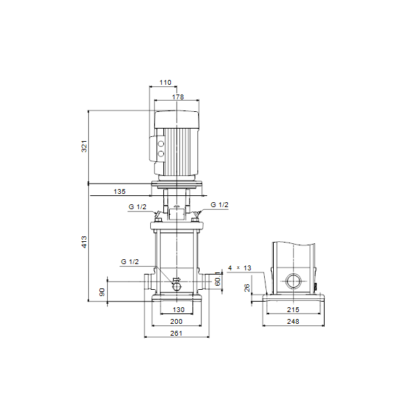 Вертикальный многоступенчатый центробежный насос Grundfos CRN 15-2 A-P-A-V-HQQV артикул 96502037 – габаритный чертеж