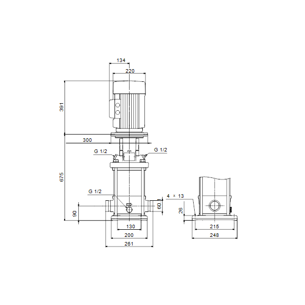 Вертикальный многоступенчатый центробежный насос Grundfos CRN 15-7 A-P-A-V-HQQV артикул 96502042 – габаритный чертеж