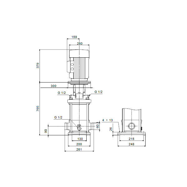 Вертикальный многоступенчатый центробежный насос Grundfos CRN 15-9 A-P-A-E-HQQE артикул 96501954 – габаритный чертеж