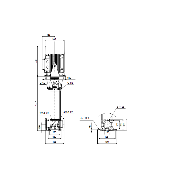 Вертикальный многоступенчатый центробежный насос Grundfos CRN 155-6 A-F-A-V-HQQV артикул 99143305 – габаритный чертеж