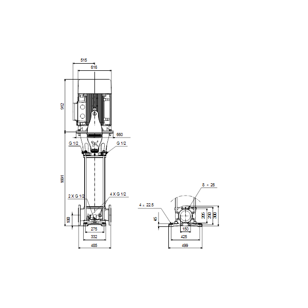 Вертикальный многоступенчатый центробежный насос Grundfos CRN 155-8-2 A-F-A-V-HQQV артикул 99143307 – габаритный чертеж