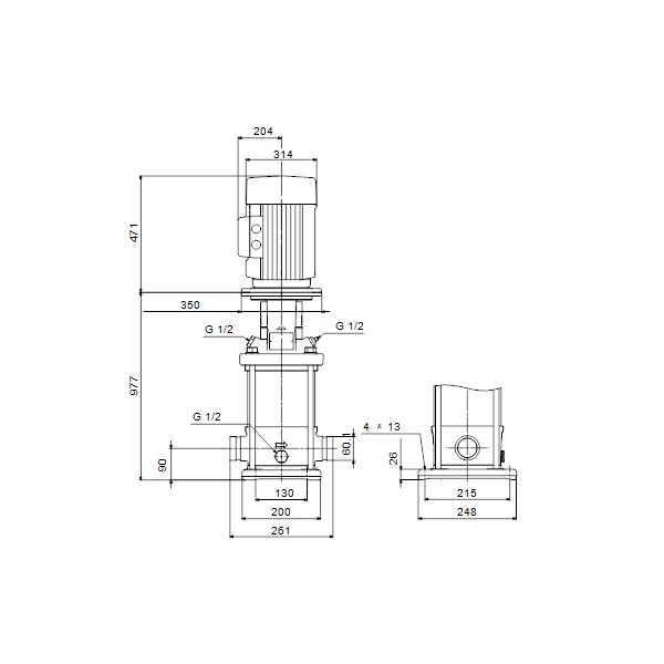 Вертикальный многоступенчатый центробежный насос Grundfos CRN 20-12 A-P-A-V-HQQV артикул 96500649 – габаритный чертеж