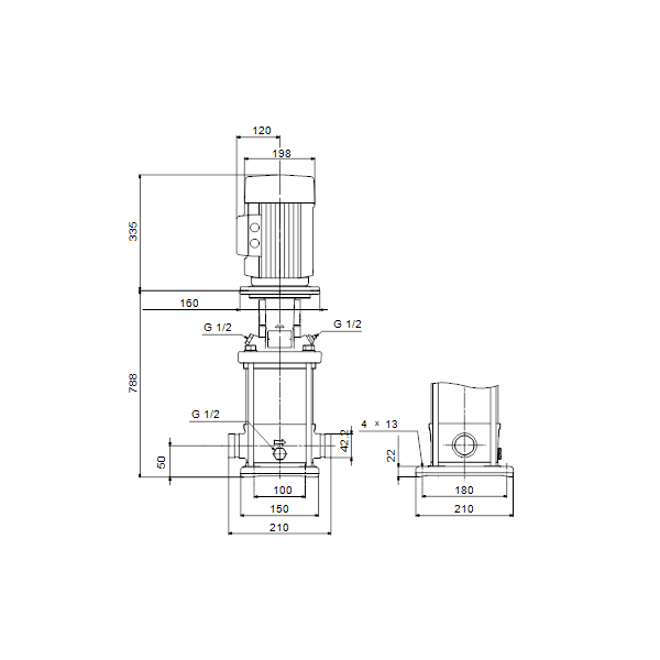 Вертикальный многоступенчатый центробежный насос Grundfos CRN 3-31 A-P-A-E-HQQE артикул 96513461 – габаритный чертеж