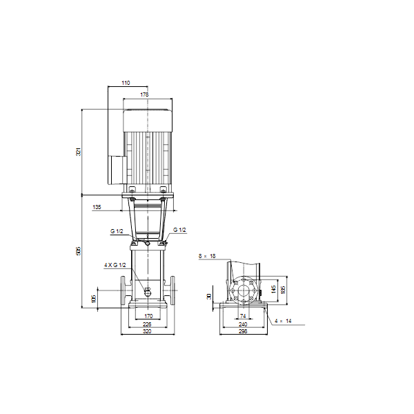 Вертикальный многоступенчатый центробежный насос Grundfos CRN 32-1 A-F-A-V-HQQV артикул 96122379 – габаритный чертеж