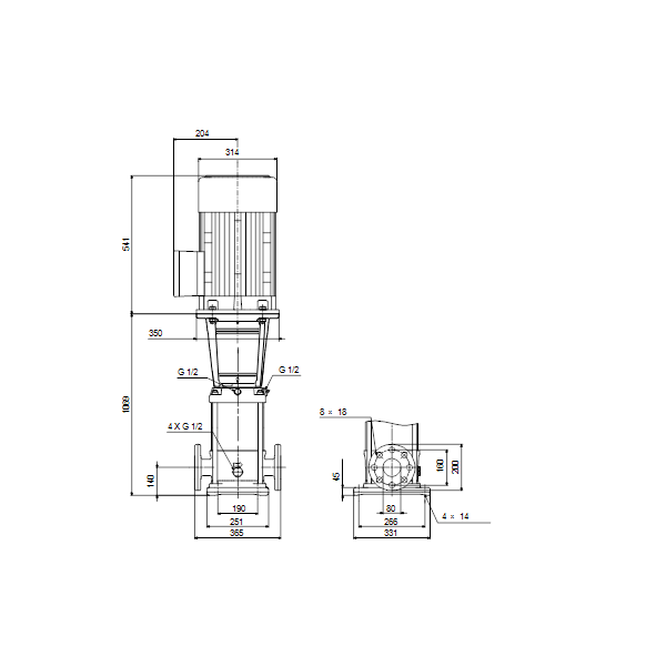Вертикальный многоступенчатый центробежный насос Grundfos CRN 45-6 A-F-A-V-HQQV артикул 96123152 – габаритный чертеж