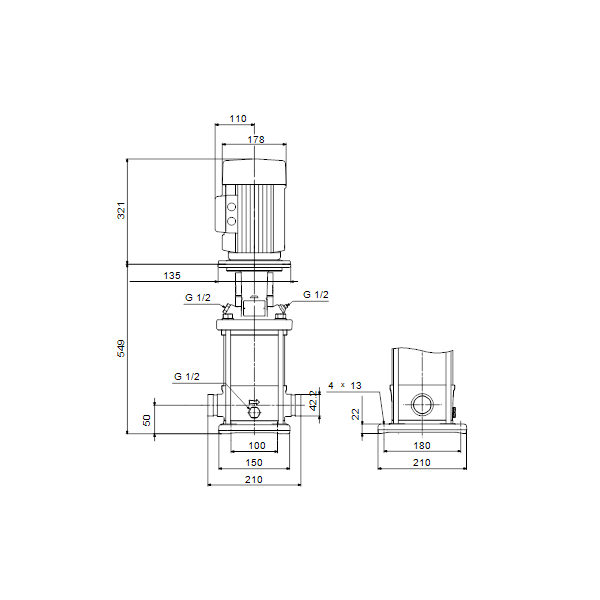 Вертикальный многоступенчатый центробежный насос Grundfos CRN 5-12 A-P-A-V-HQQV артикул 96513497 – габаритный чертеж