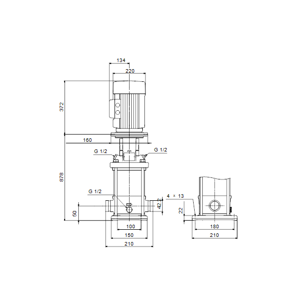 Вертикальный многоступенчатый центробежный насос Grundfos CRN 5-24 A-P-A-V-HQQV артикул 96513505 – габаритный чертеж