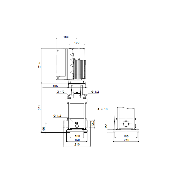 Вертикальный многоступенчатый центробежный насос Grundfos CRNE 1-6 N-P-A-E-HQQE артикул 98389529 – габаритный чертеж